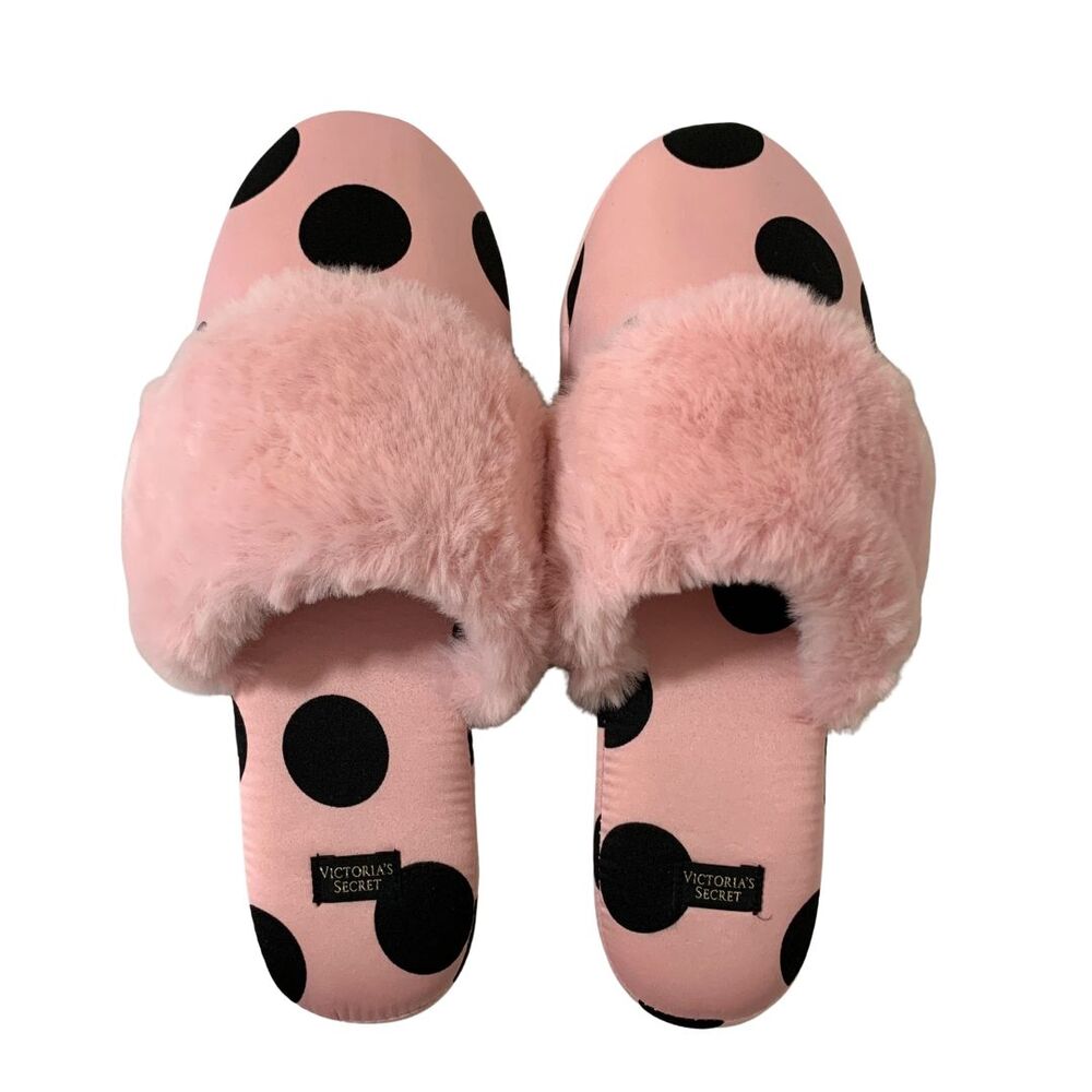 Victoria's Secret Pink Black Polka Dot Faux Fur Slide Slippers NWT Size S 5-6